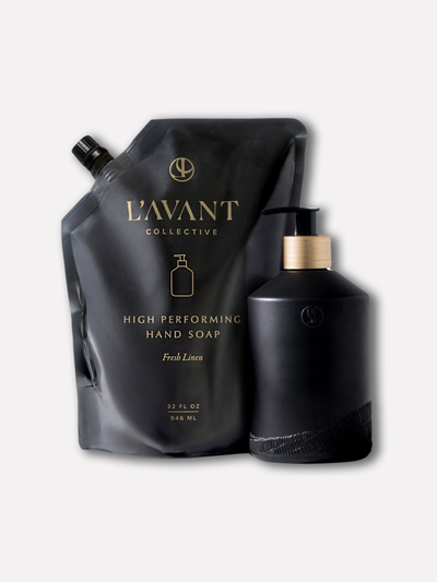 L'AVANT Collective non-toxic hand soap refill with fancy black glass soap dispenser