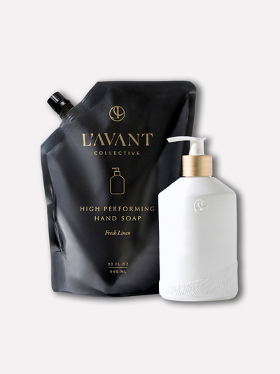 L'AVANT Collective non-toxic hand soap refill with fancy white glass soap dispenser