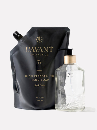 L'AVANT Collective non-toxic dish soap refill with fancy clear glass soap dispenser