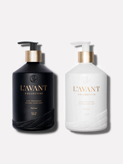Plant based hand soap and dish soap set in beautiful refillable black and white bottles with gold accents - perfect as practical gifts