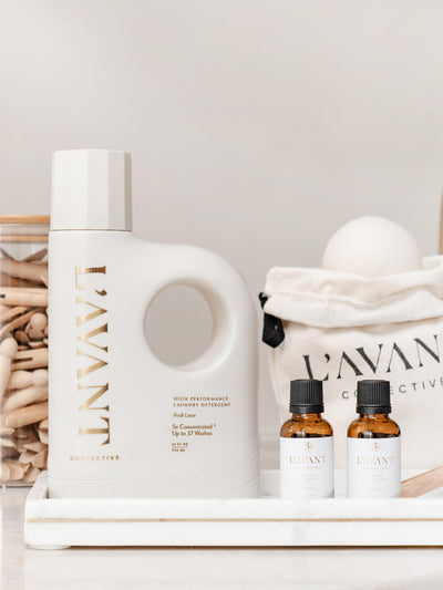 L'AVANT Collective Fresh Linen non-toxic laundry detergent on tray